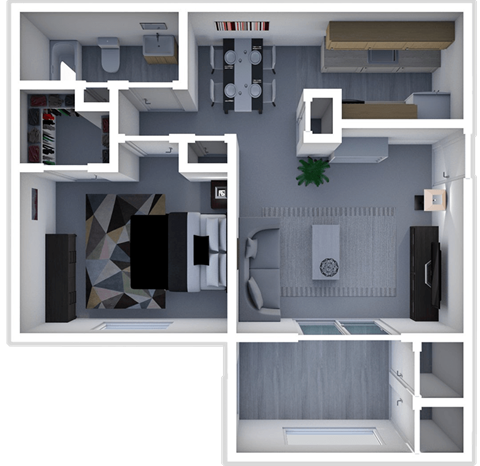 Floor plan for 1 bed, 1 bath, 672 sqft